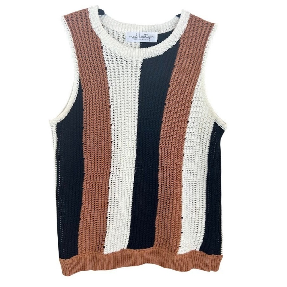Mod Boutique Striped Knit Sweater Vest Tank Top Women Medium Brown‎ Black White